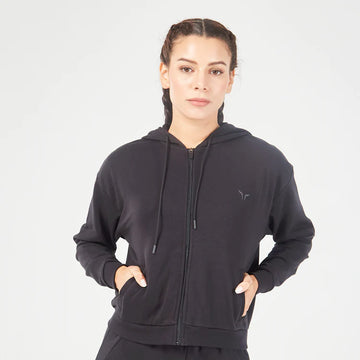 ESSENTIAL RELAXED ZIP UP HOODIE - BLACK
